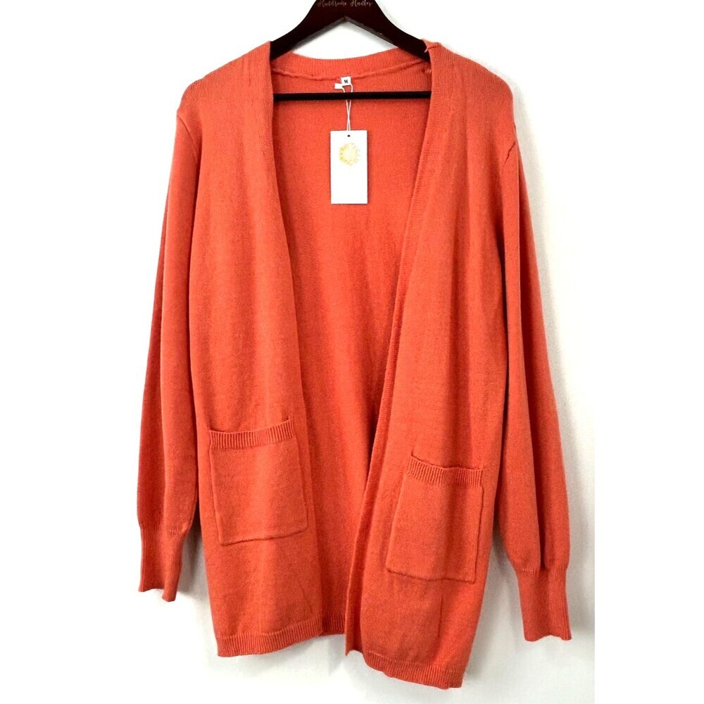 New Tasamo Women Orange Open Front Knit Cardigan Draped Long Sleeve Pockets M